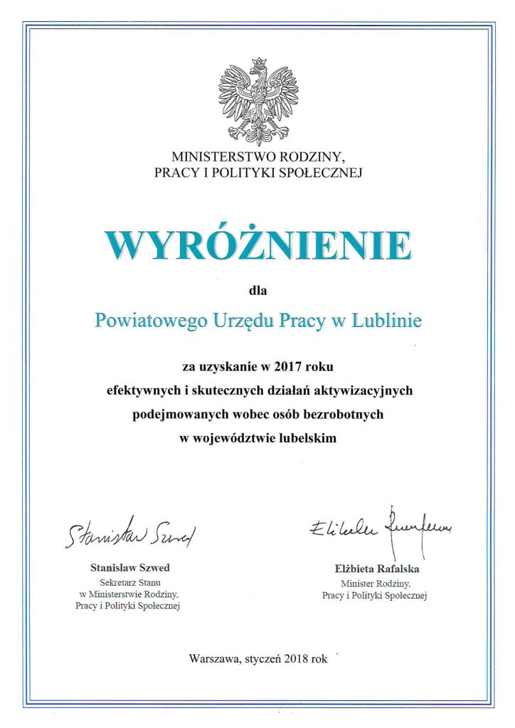 wyróżnienie dla Powiatowego Urzedu Pracy w Lublinie