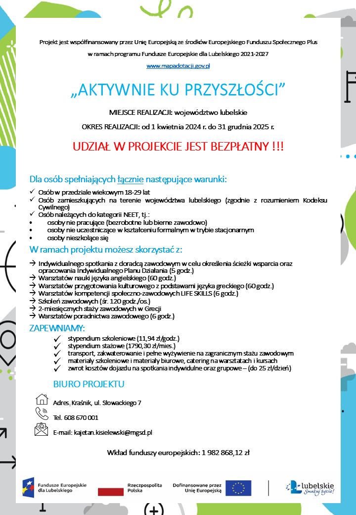 Zdjęcie artykułu Zaproszenie na spotkanie informacyjne dotyczące projektu „Aktywnie ku przyszłości”