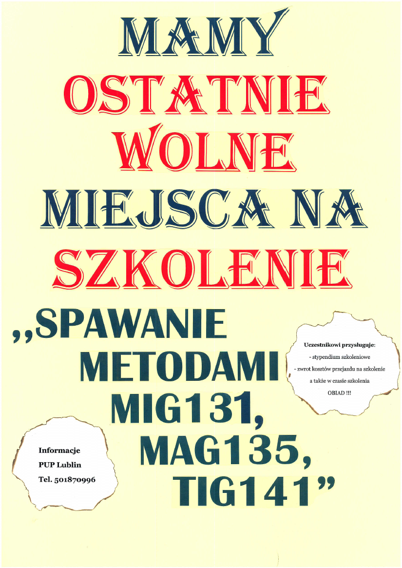 Informacja o wolnych miejscach na szkolenie "Spawanie metodami mig131, mag135, tig141"