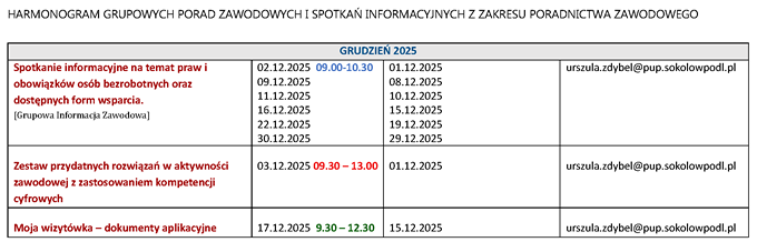 Harmonogram spotkań i porad zawodowych Powiatowego Urzędu Pracy w Sokołowie Podlaskim na IV kwartał 2025 – terminy w październiku i listopadzie, m.in. spotkania informacyjne, przygotowanie do rozmowy kwalifikacyjnej, dokumenty aplikacyjne, kompetencje cyfrowe i ocena potencjału zawodowego.